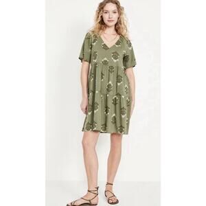 Old Navy Womens Green V-neck Green Floral Mini Swing Dress Sz XL - NEW
